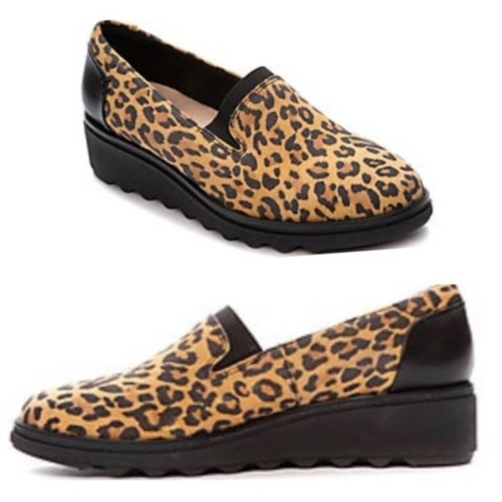 Clarks Sharon Dolly Platform Loafers Leopard Print Suede 7 NEW